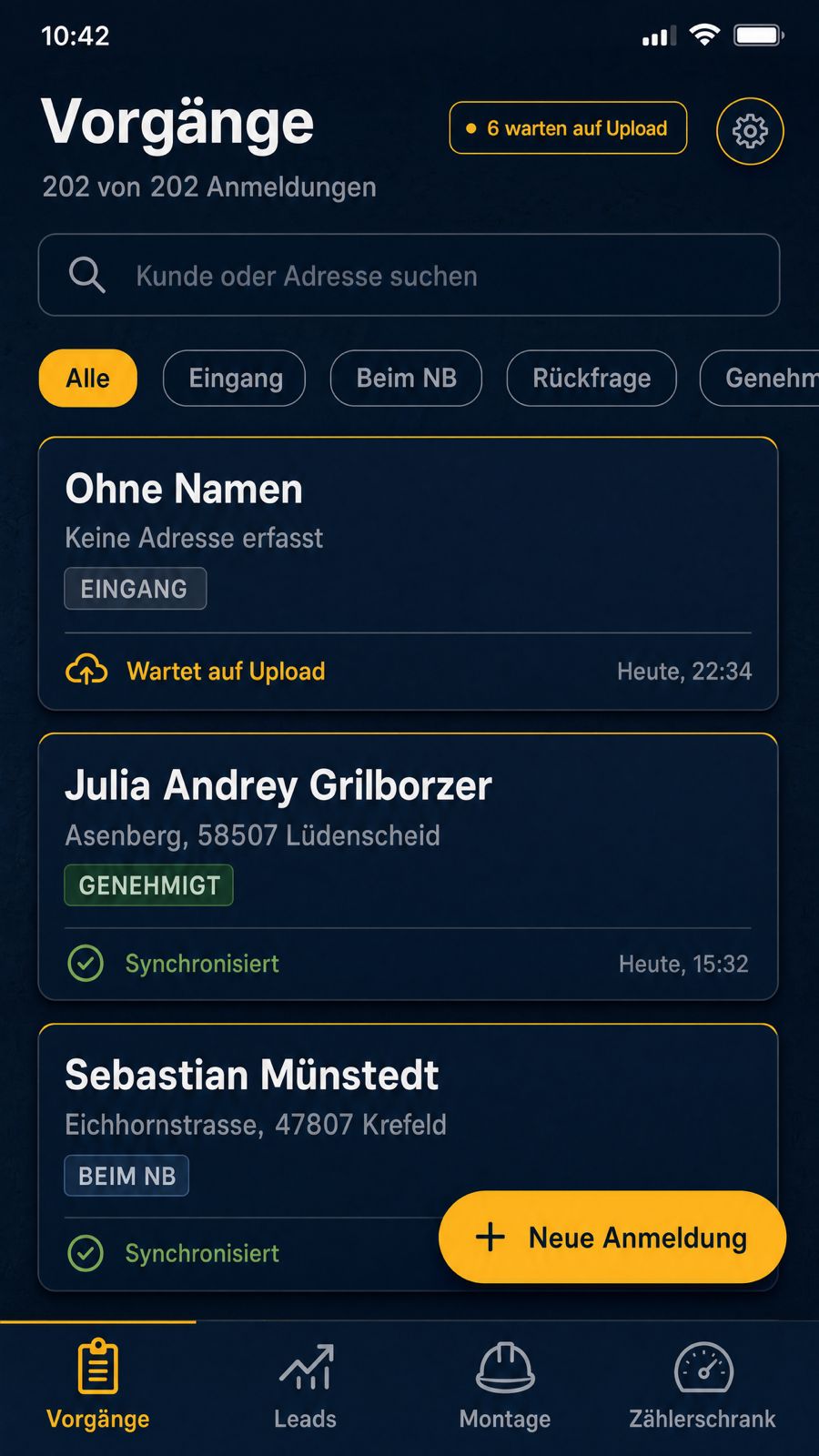 Vorgangsliste der Baunity-App mit Status-Filtern und Synchronisierung